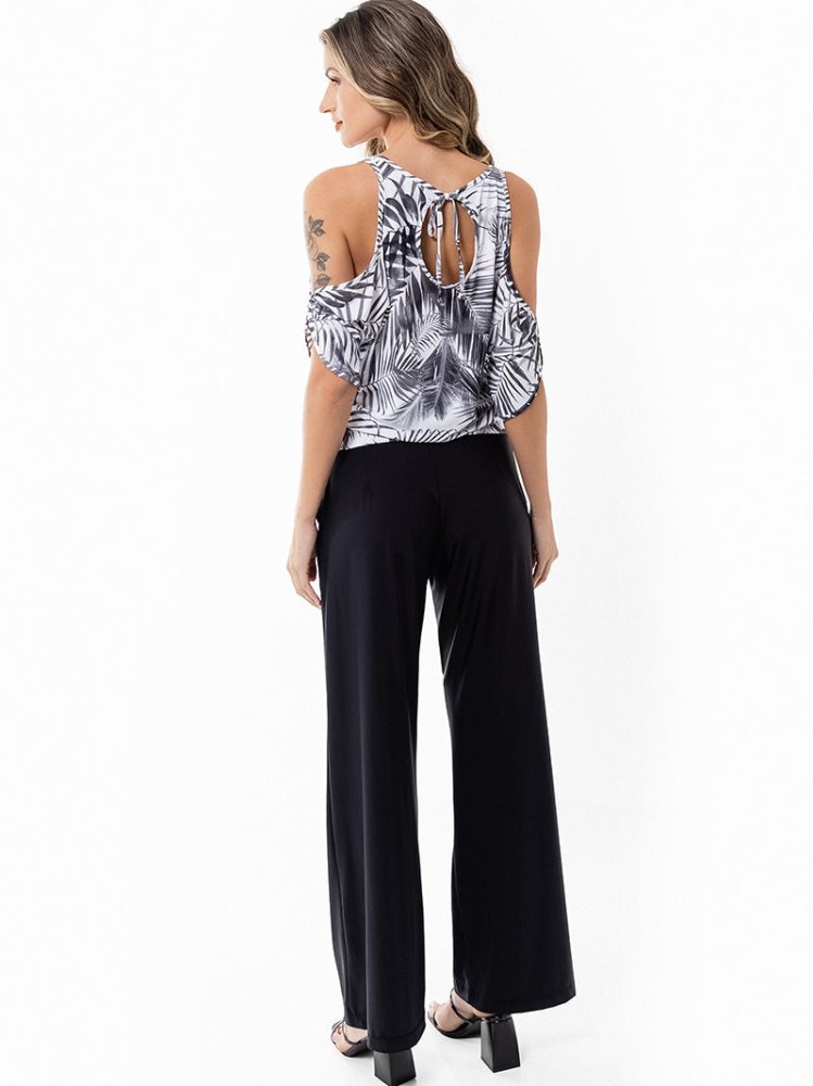 Fluity Fabric Open-Shoulder Blouse - WHITE PALMS - lilikoiwear.com