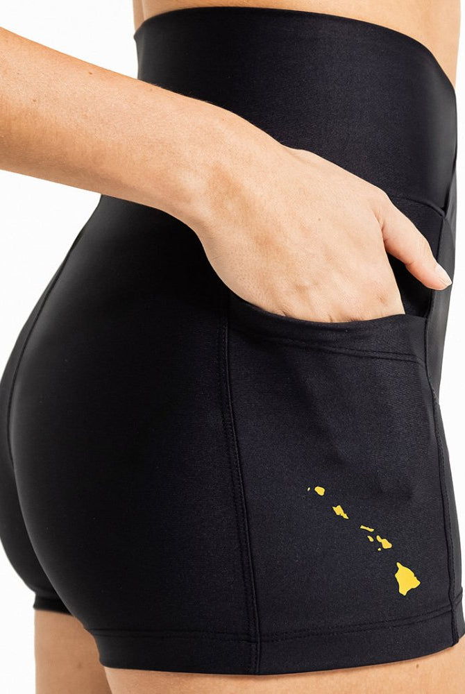LEVITATE Shorties with Pockets - SOLID BLACK (with Hawaiian Islands) - lilikoiwear.com