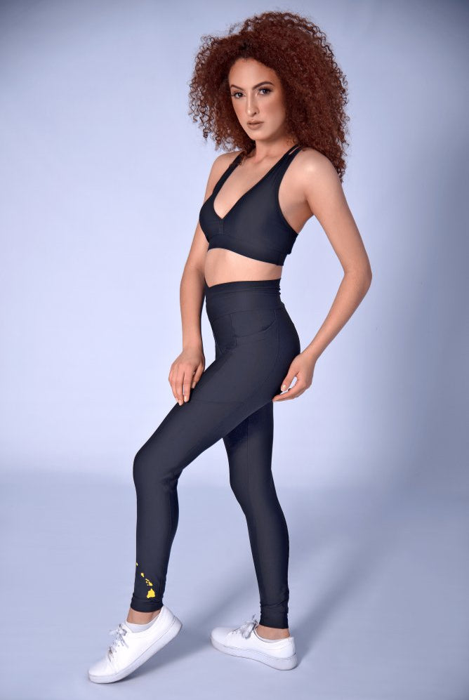 LEVITATE Leggings with Pockets - SOLID BLACK (with Hawaiian Islands) - lilikoiwear.com