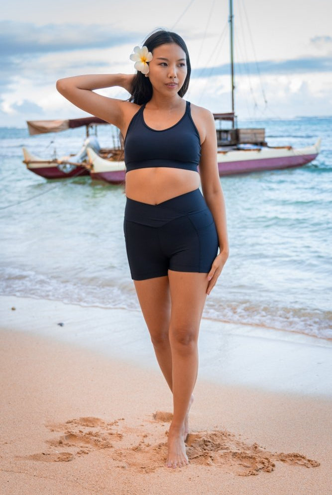 LEVITATE Shorties with Pockets - SOLID BLACK (with Hawaiian Islands) - lilikoiwear.com