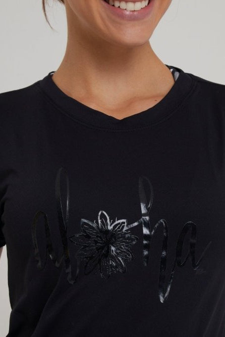Women's Dri-Fit T-Shirt ALOHA Graphic - BLACK - lilikoiwear.com