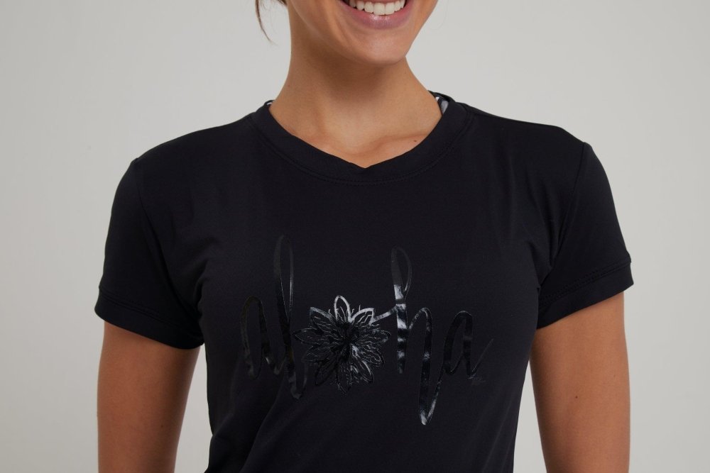Women's Dri-Fit T-Shirt ALOHA Graphic - BLACK - lilikoiwear.com