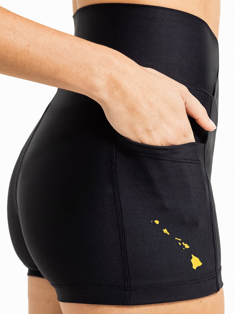 LEVITATE Shorties with Pockets - SOLID BLACK (with Hawaiian Islands) - lilikoiwear.com