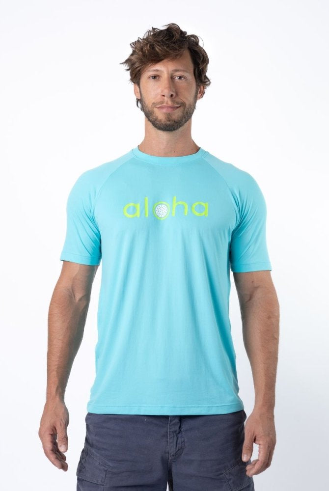Men's Dri-Fit T-Shirt with ALOHA graphic - OCEAN / LIME GREEN - lilikoiwear.com