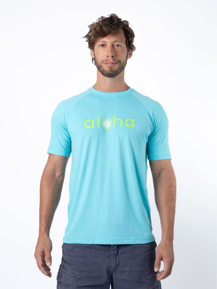 Men's Dri-Fit T-Shirt with ALOHA graphic - OCEAN / LIME GREEN - lilikoiwear.com